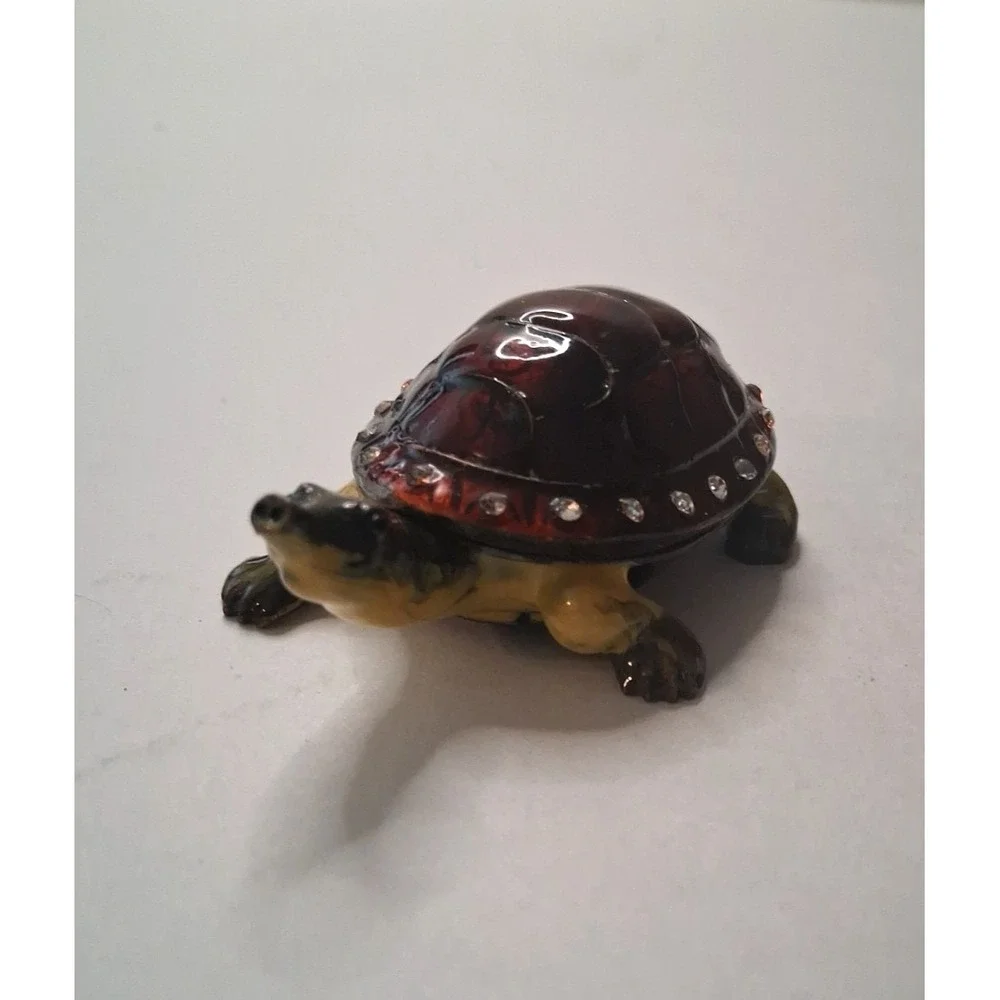Metal Brass Enameled Turtle Trinket Box with Rhinestones Hinged Shell Lid Nice!